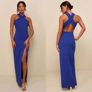 Lulus Head to Cocktail Hour Royal Blue Halter Neck Maxi Dress Wedding Party